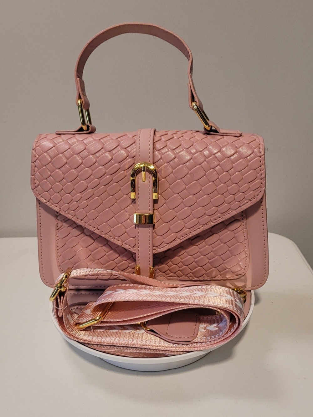 Elegant Pink Woven-Texture Top Handle Satchel
